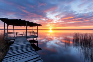 Obraz premium Wooden pier with gazebo reflecting on calm lake at sunrise