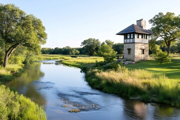 Obraz premium Stone tower standing by the river in the green meadow