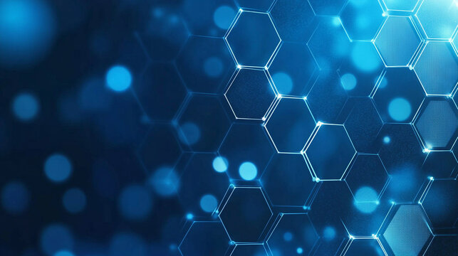 Abstract blue background featuring interconnected hexagons with glowing light effects
