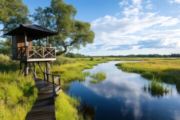 Wooden birdwatching hut overlooking Biebrza National Park wetlands in Poland
