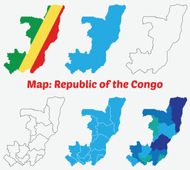 Maps of Republic of the congo, Outline, and Regional Divisions,  Republic of the congo country map set. internal provinces borders marked, Simple map of  Republic of the congo vector drawing.