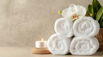 Serene Spa Scene  White Towels  Orchid  Candle  Tranquility