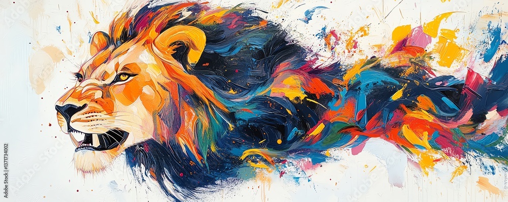 Poster aigenerated abstract modern art portrait of a lion, combining geometric shapes, vibrant colors, and 
