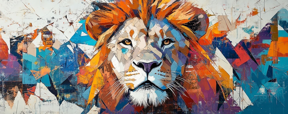 Poster aigenerated abstract modern art portrait of a lion, combining geometric shapes, vibrant colors, and 