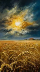 Imagine a richly textured painting of a vast wheat field, with golden stalks 