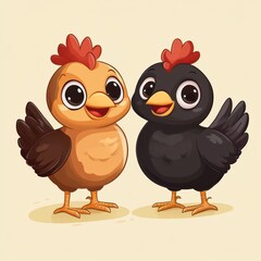 Fototapeta premium Charming Chicken Companions: Two adorable cartoon chickens stand side-by-side, their vibrant colors and cheerful expressions radiating warmth and joy.