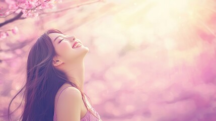 Joyful woman embracing nature cherry blossom park portrait spring environment serene viewpoint happiness concept
