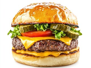 juicy cheeseburger. Brioche pastry, beef patty, iceberg salad, tomato, pickles, house burger sauce. Front view. Isolated on a white background with no shadows.