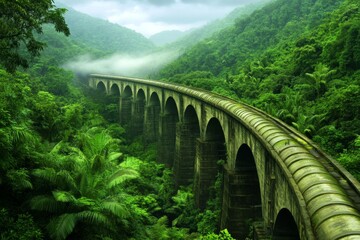 Fototapeta premium A gas pipeline stretching through a dense jungle, partially hidden by thick vegetation
