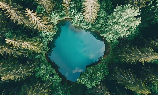 Aerial View of Tranquil Blue Lake Surrounded by Vibrant Green Forests During Summer