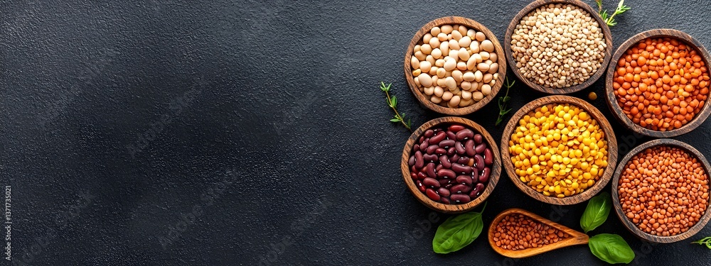 Poster a balanced composition of various beans lentils and whole grains displayed in a minimalist natural s