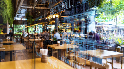 Fototapeta premium cozy independent cafe with modern design, featuring wooden tables and greenery, creates welcoming atmosphere for patrons