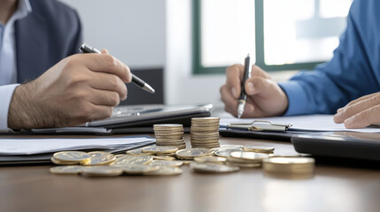 Fototapeta premium Financial discussion with coins on table, highlighting strategies and planning