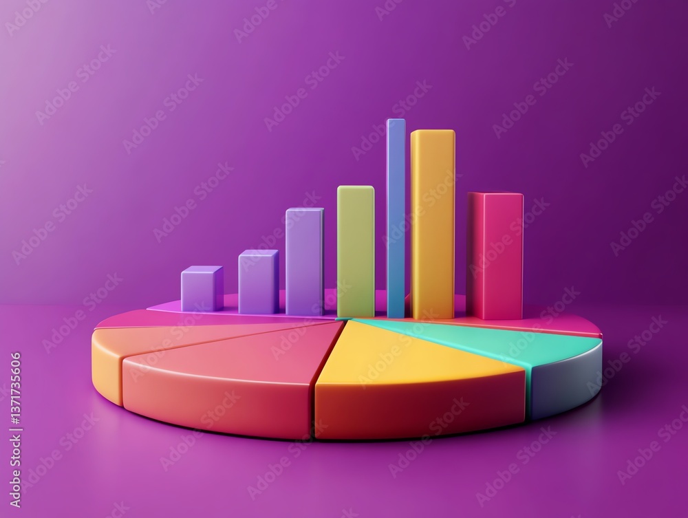 Poster colorful 3d bar graph and pie chart: vibrant data visualization