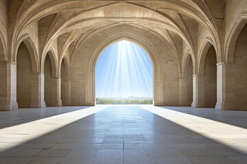A gothic cathedral with long, dramatic shadows, illuminated by a single ray of light