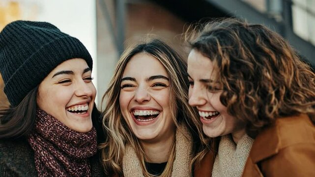 Joyful Trio: Three women radiate genuine happiness and laughter, their faces alight with pure, unfiltered glee, forging a picture of female solidarity and the infectious power of shared laughter.