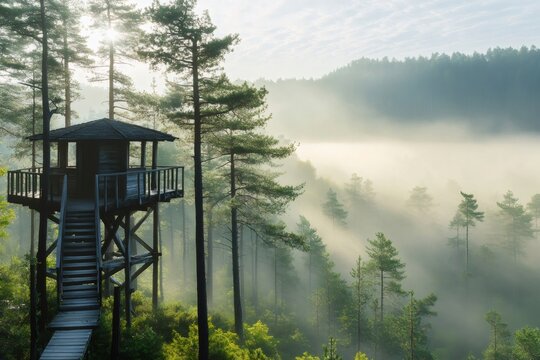 Wooden hut illuminating foggy forest at sunrise