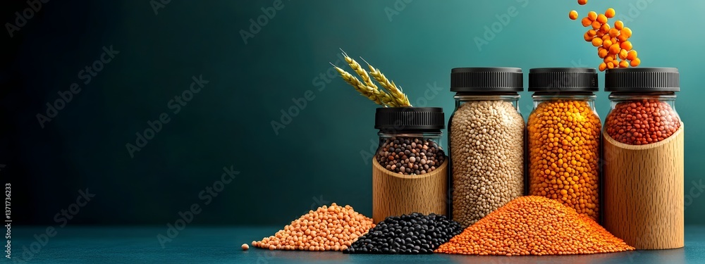 Poster a clean and minimalist still life showcasing an array of pulses grains and legumes in rustic wooden 