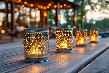 Decorative star-shaped lanterns illuminating wooden table on a cozy terrace