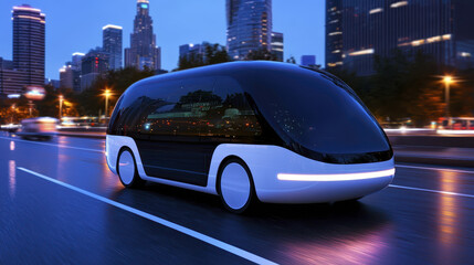Obraz premium Autonomous vehicle driving through modern city at night, showcasing futuristic design and technology