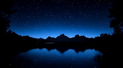 Fototapeta premium Starry Night Sky Reflecting in Lake with Mountain Silhouette View