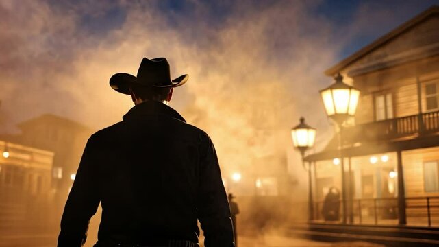 Western Silhouette: A lone cowboy figure, clad in a traditional hat and coat, silhouetted against the backdrop of a historic western town at dusk, embodying the spirit of the American West.