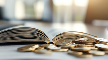 Open book with coins, symbolizing financial literacy and education, conveying knowledge and wealth management