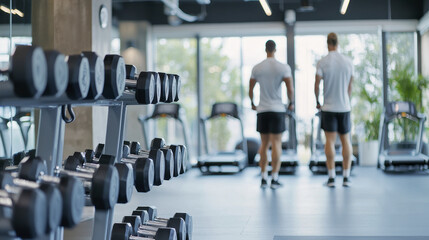 Two fitness trainers guide client in modern gym, showcasing weights and exercise equipment, creating motivating atmosphere