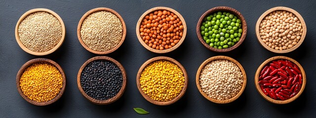 A curated collection of earthy grains pulses and legumes arranged in a harmonious minimalist still life setup shot with natural lighting to achieve a crisp