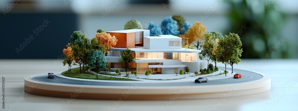Poster a detailed 3d architectural model displaying a range of residential building designs and styles arra