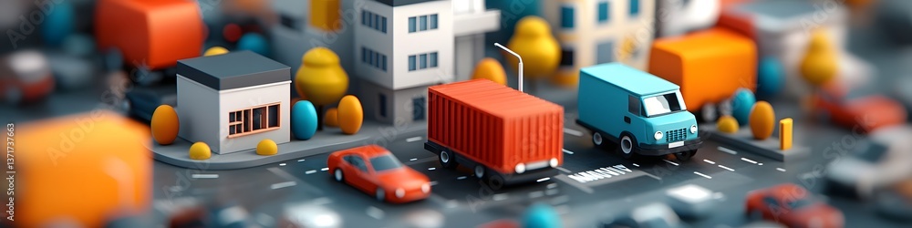 Poster a detailed 3d model showcasing the varied traffic patterns and movement within an urban city environ