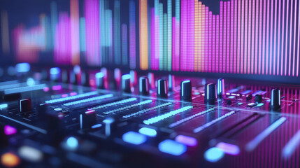 Colorful sound equalizer with vibrant lights and audio mixer controls, creating dynamic atmosphere of music and rhythm