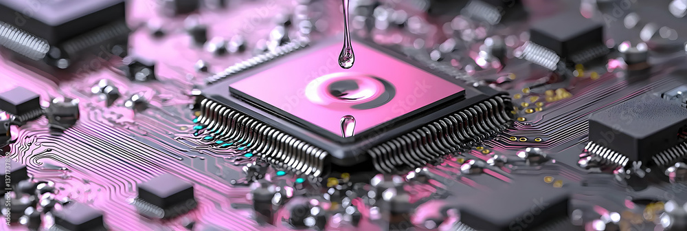 Poster close up of pink circuit board with microchip and water drop