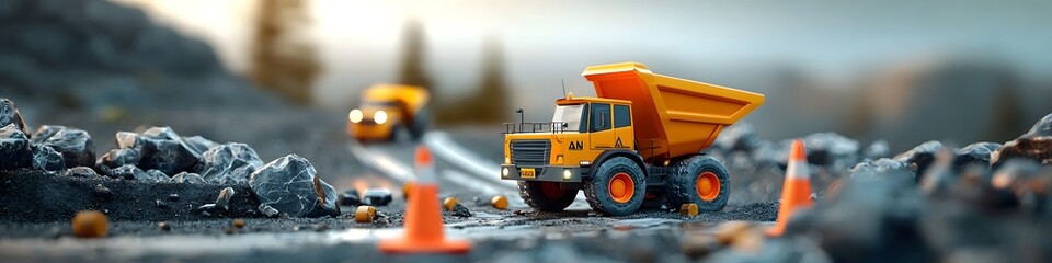 A detailed scaled down model of an orange dump truck or construction vehicle navigating a rugged rocky landscape evoking the and environments of the construction and mining industries