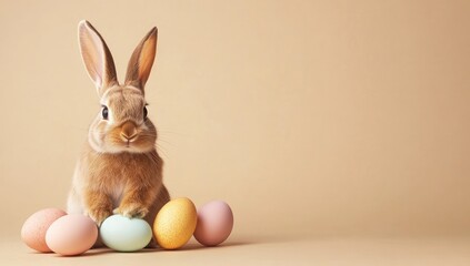 Easter Bunny With Colorful Eggs On Beige Background