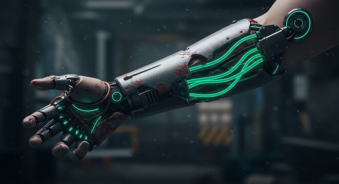 Cybernetic Arm with Glowing Green Cables and Metallic Elements - Powered by Adobe