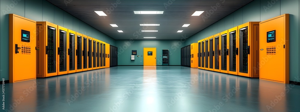 Poster a digital render showcasing the cutting edge design of a data center featuring towering server racks