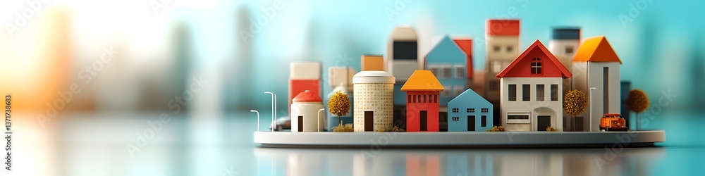 Poster a display of a stylized miniature model showcasing the diverse architecture and colorful design of a