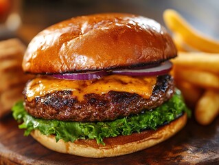 The scene should feature a juicy venison burger with melted cheese on a toasted bun, accompanied by fresh toppings like lettuce, tomato, and onion. On the side, add a small serving of golden french f