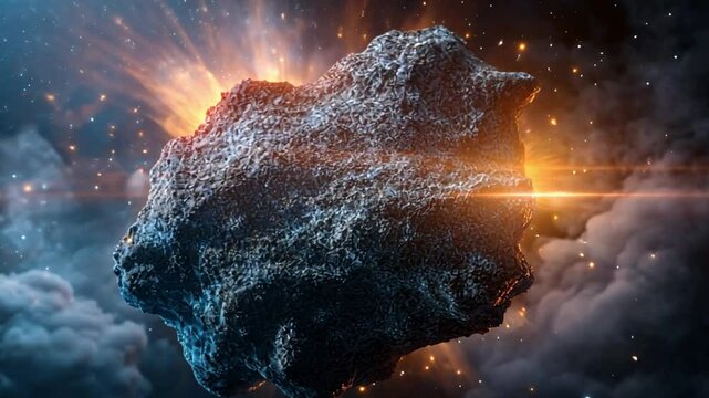 Cosmic Impact: An imposing asteroid streaks across the cosmos, its surface etched with the marks of eons, juxtaposed against a backdrop of celestial fire and swirling nebulas.