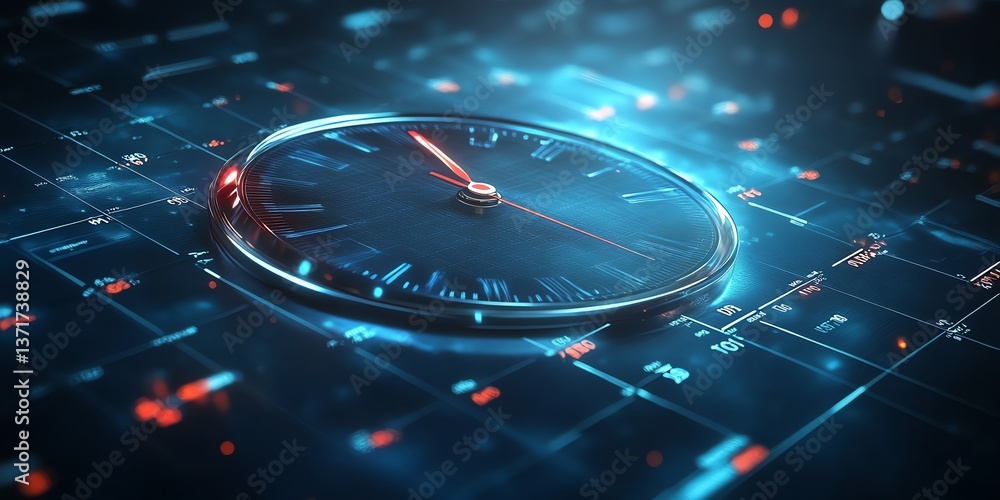 Poster futuristic clock: digital timepiece on a glowing data grid
