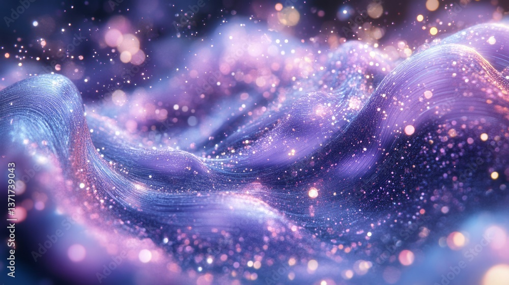 Poster abstract wavy lines and glowing particles create a dreamy landscape