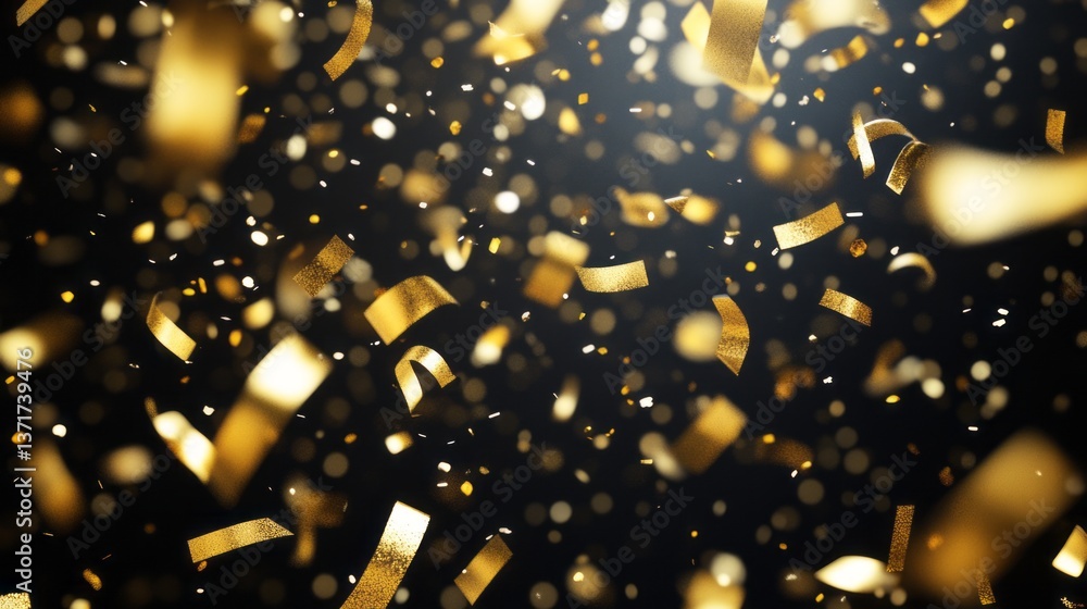 Poster elegant black podium display with floating gold confetti in dark room background, 3d rendering of mi