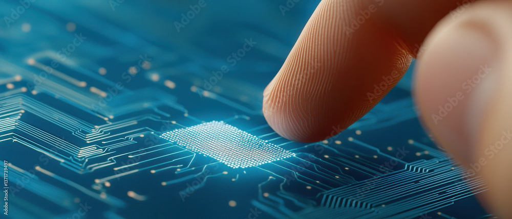 Poster showcases close up of finger touching glowing microchip circuit board, symbolizing intersection of t