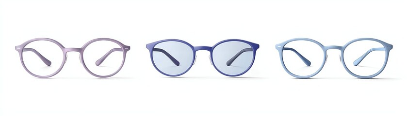 Fototapeta premium Stylish eyeglasses arranged in a row on a white background, showcasing modern and sleek designs.