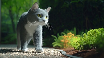 Fototapeta premium Adorable Grey Cat Walking in Garden Cute Pet 3D Render