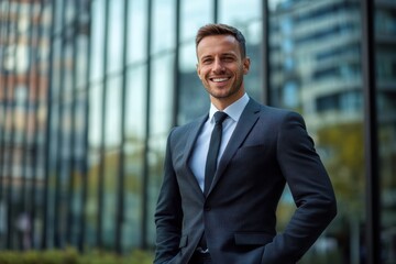 Business Executive's Confidence: A successful business executive exudes confidence and professionalism in a tailored suit, set against the backdrop of a modern office building.