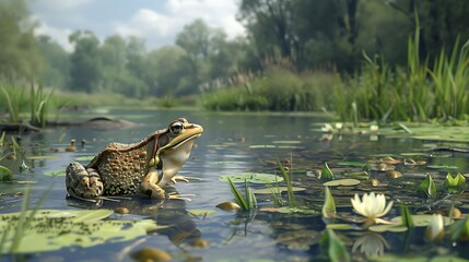 Fototapeta premium A wetland is a water-saturated ecosystem, such as swamps, marshes, or bogs, that supports diverse plant and animal life. It helps filter water, prevent floods, and store carbon, benefiting the environ