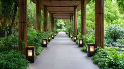 Covered walkway with bamboo columns and lights illuminating lush green garden