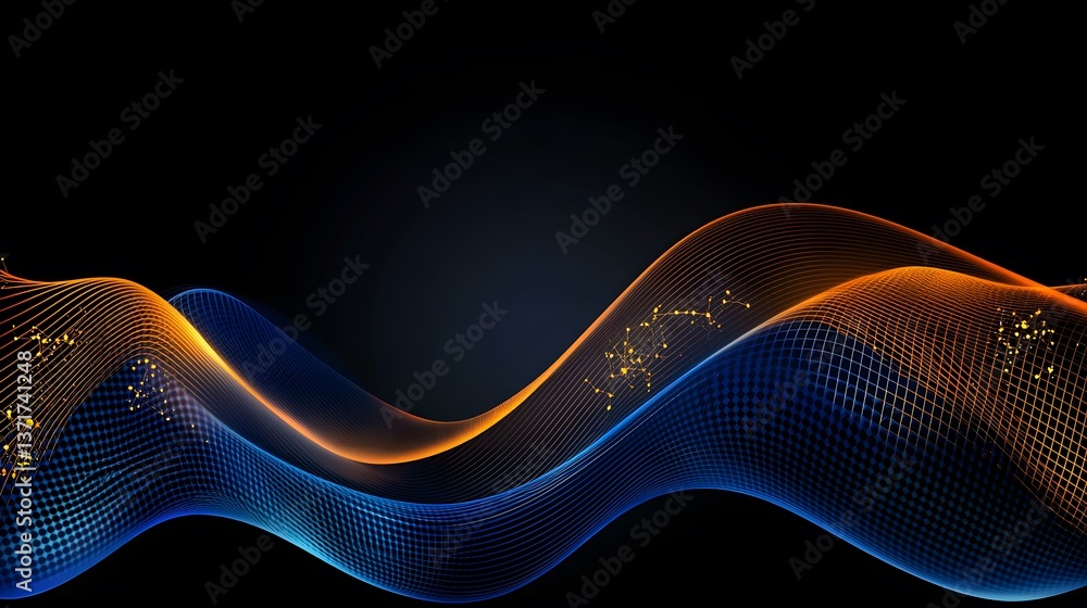 Poster the image contains blue and orange glowing waves with a grid-like pattern interspersed with golden p
